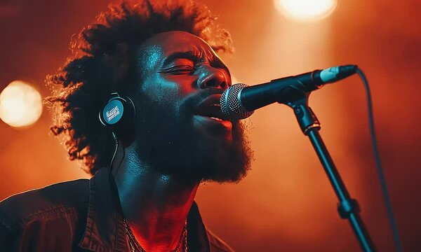 Singer performing live on stage with passion