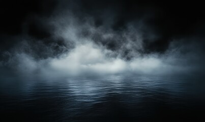 Obraz premium Ethereal Mist Over Serene Water at Night, Illuminated by Soft Light, Creating a Tranquil and Mysterious Atmosphere for Reflection and Calmness