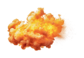 Explosive cloud formation in vibrant orange and yellow colors showcasing dramatic energy and motion for creative design purposes, cut out