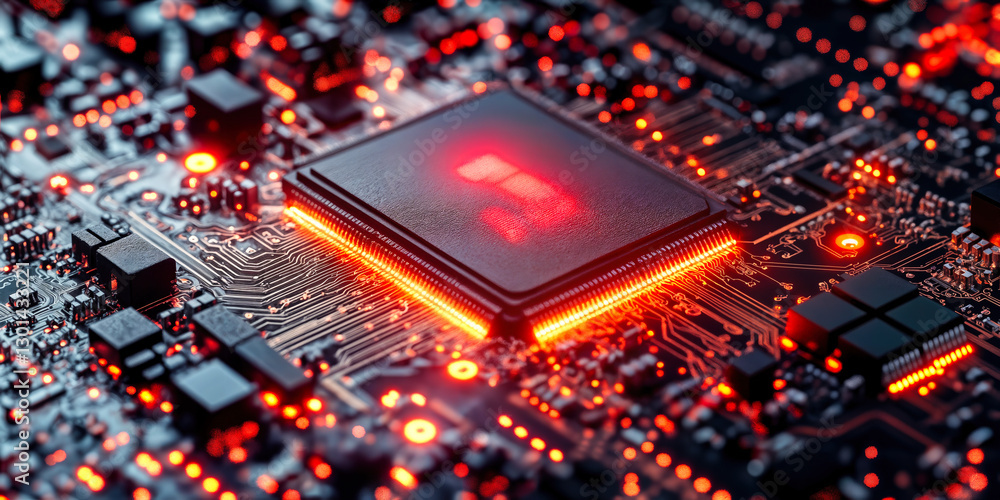 Poster high-performance processor core on semiconductor circuit board with glowing red connections in advan