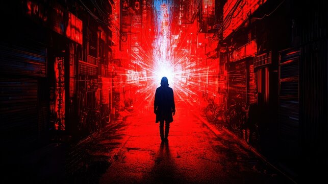 Cyberpunk Cityscape: A lone figure walks through a neon-lit, rain-slicked alleyway, bathed in the glow of a vibrant, otherworldly light source.