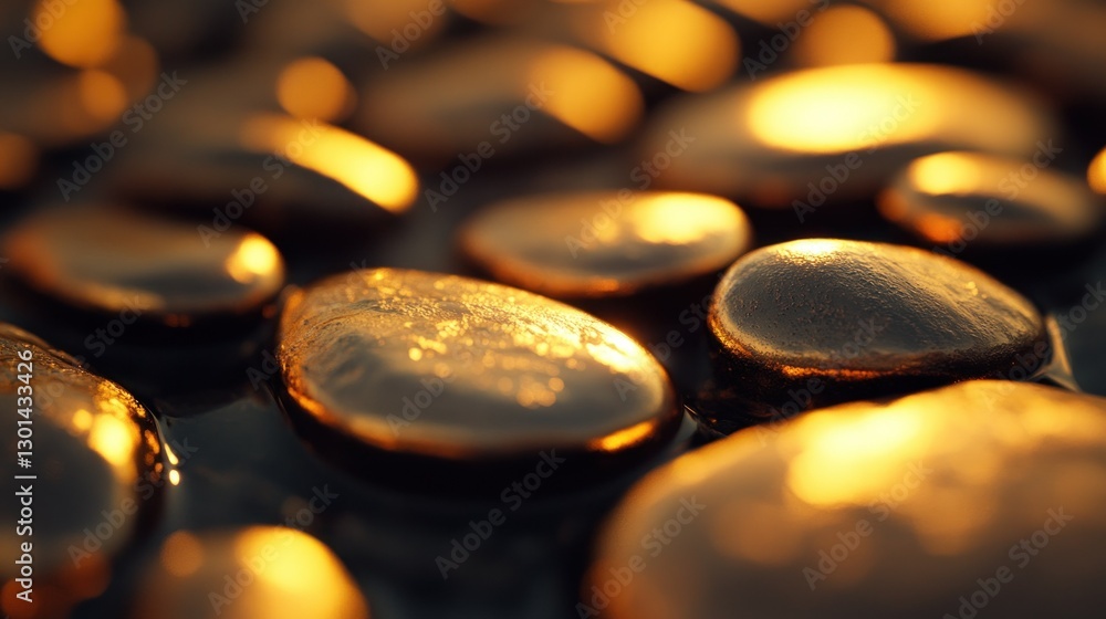 Poster a golden textured surface is filled with smooth and shiny pebbles