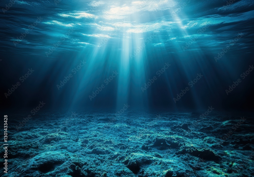 Poster ethereal underwater scene with sunlight filtering through ocean waves, illuminating the seabed in tr