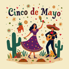 Fototapeta premium Colorful Cinco de Mayo Illustration, Festive Mexican Celebration with Traditional Elements