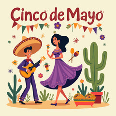 Colorful Cinco de Mayo Illustration, Festive Mexican Celebration with Traditional Elements