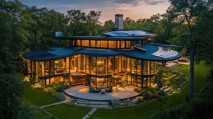 Fototapeta premium A modern residence surrounded by lush trees with illuminated interior lights