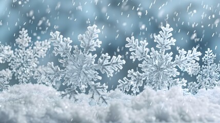 Delicate Snowflakes Glistening on a Winter Landscape Under Soft Blue Hues and Falling Snow