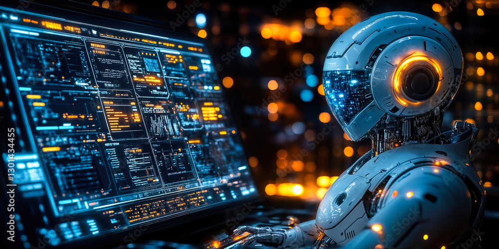 Poster ai robot engaging in interactive digital journalism on futuristic computer interface for enhanced re