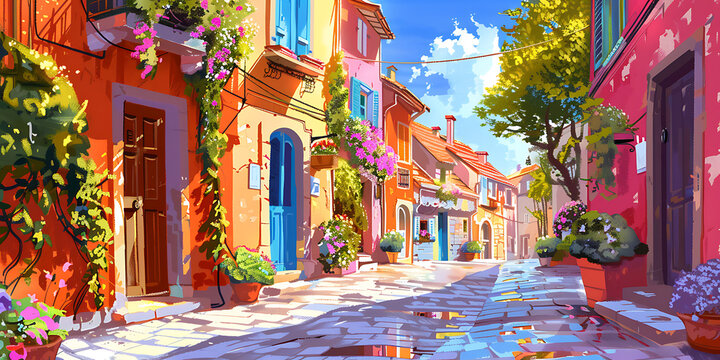 Fototapeta Vibrant Alleyway Adorned with Lush Greenery and Blooming Pots 