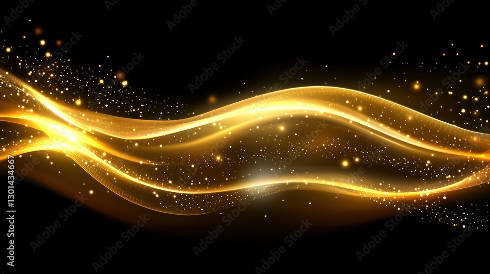 Poster glowing abstract wavy lines with sparkling gold particles in dark background