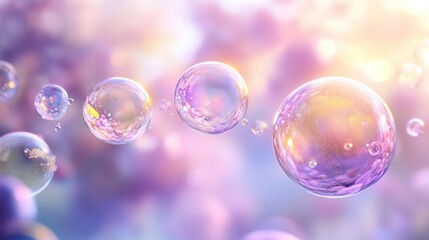 Naklejka premium Several iridescent bubbles float against a soft colorful background scene