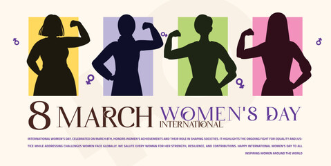 March 8 Women’s Day Banner & Post: 4 strong females in a vibrant, empowering design. A gift to all women. Perfect for social media & versatile use. #March8 #WomensDay