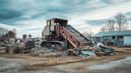 Fototapeta premium Old bulldozer surrounded by debris shows signs of disrepair and neglect