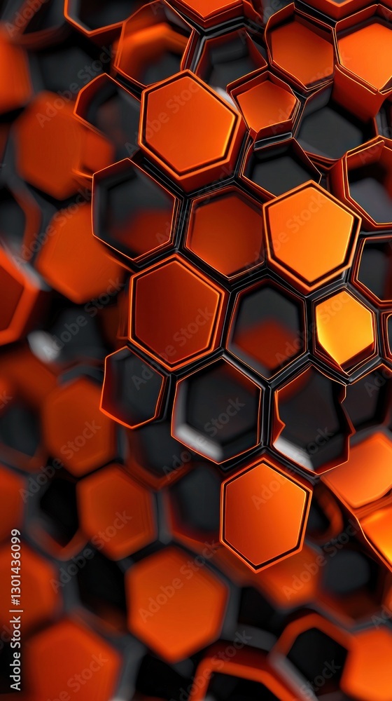 Poster abstract hexagon structure: a 3d render of interlocking orange and black hexagons