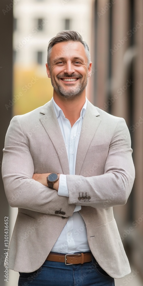 Poster a man in a white shirt and brown belt is smiling and posing for a picture. he is wearing a jacket wi