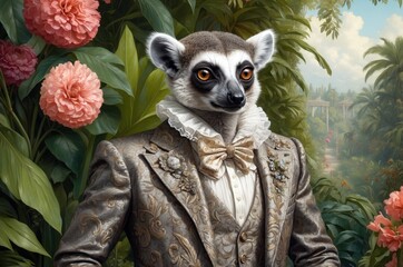 Fototapeta premium Elegant lemur dressed in formal attire surrounded by lush tropical foliage and vibrant flowers