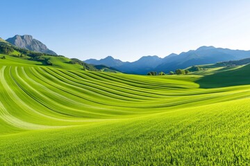 Obraz premium Lush green hills create wavy patterns under bright blue skies in a serene landscape
