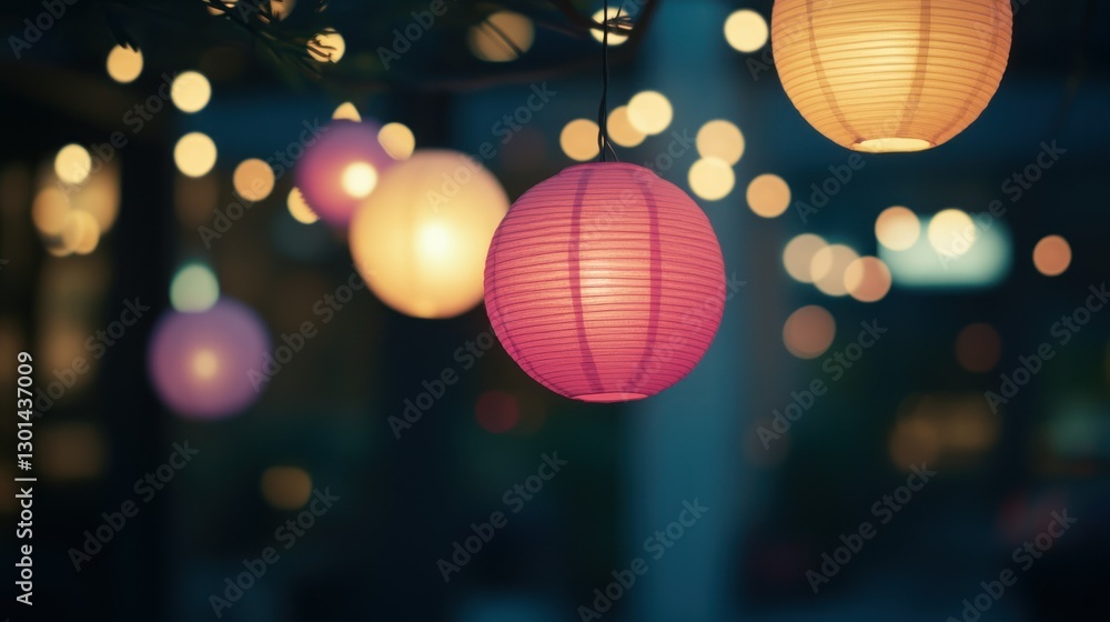 Poster several colorful paper lanterns are hanging with string lights nearby