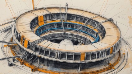 Circular building sketch, orange and blue lines, black window openings, architectural drawing with curved layers, hand-drawn style with light background