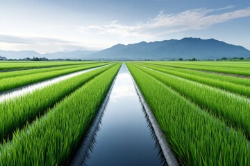Naklejka premium Lush green rice paddies reflecting the clear blue sky and distant mountains in a tranquil rural landscape