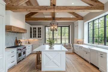 Farmhouse kitchen with white cabinets, wooden beams, and large windows.