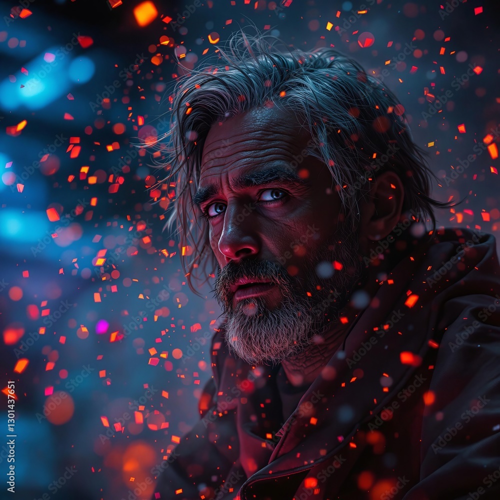 Aufkleber a man with long hair and a beard, wearing a jacket, looking intently to the side. the background is 