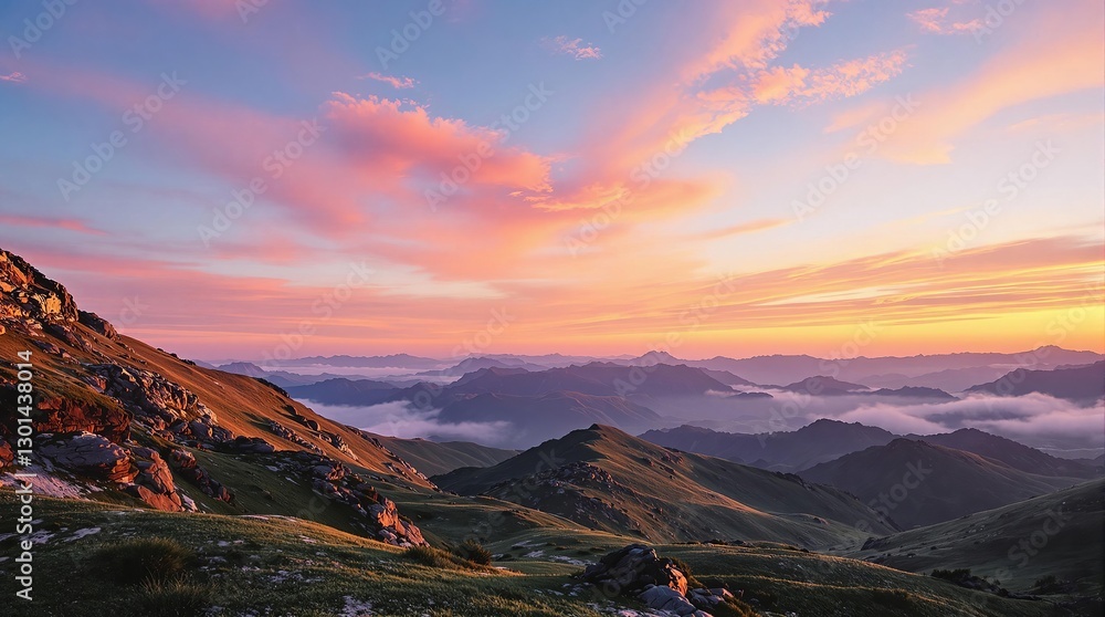 Poster a breathtaking view of a mountain range bathed in the soft glow of a setting or rising sun, with the