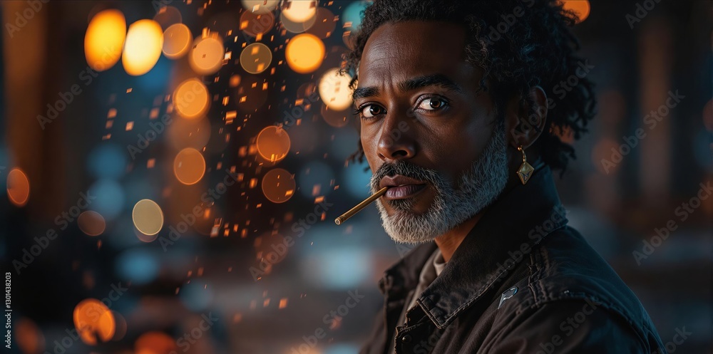 Poster a man with dreadlocks and a cigarette in his mouth, set against a blurred background with bokeh ligh