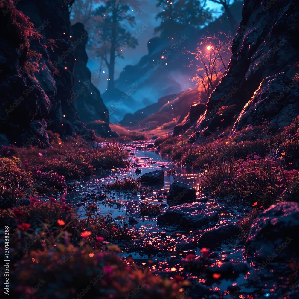 Poster a vivid, atmospheric digital artwork of a tranquil forest stream at dusk. the scene is illuminated b