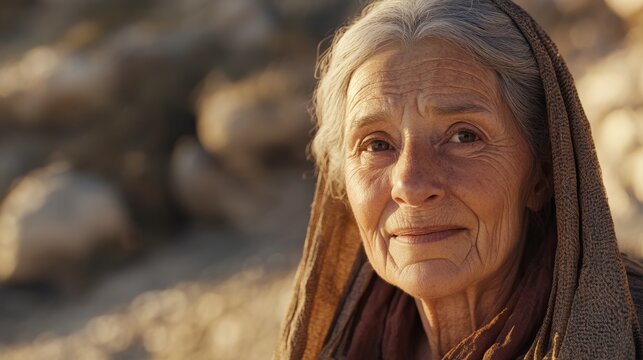 Portrait of Miriam with a cheerful expression, sister of Moses. Biblical representation of Miriam known for singing after crossing the Red Sea.