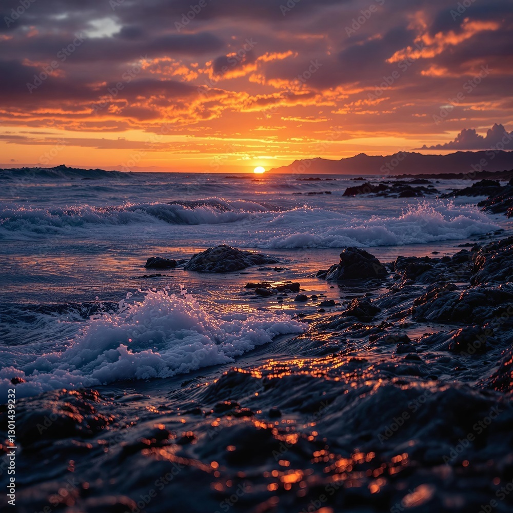 Poster a vivid sunset over the ocean, with waves crashing on the rocky shoreline. the sky is painted in a g