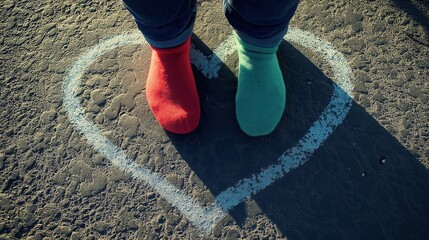 Mismatched socks inside a chalk heart symbolizing Down syndrome awareness
