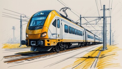 Fototapeta premium Sketch of yellow white train on tracks. Illustration of modern multiple unit train with overhead electric lines.