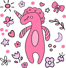 Children’s animals set with a pink unicorn in cute hand drawn doodle technique