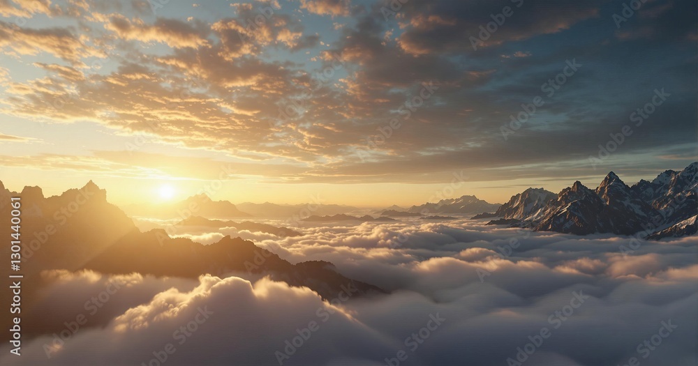 Poster a breathtaking view of a mountain range enveloped in a blanket of clouds, with the sun casting a gol