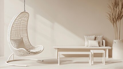 Modern minimalist interior design featuring a stylish hanging chair, elegant table, and soft decor elements in a serene, neutral color palette, relaxation concept
