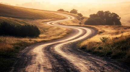 Fototapeta premium A winding road through golden fields and early morning sunlight
