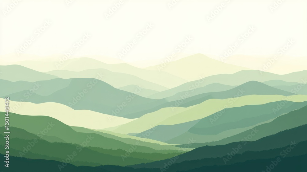Poster green rolling mountains display layered across a soft pale background
