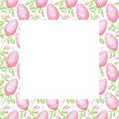 Illustration with decorative frame with watercolor Easter eggs, green branches with leaves and small flowers. Perfect for holiday cards, home decoration, invitations for Easter events, spring holidays