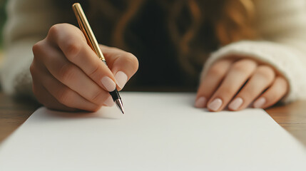 Close-up of a person writing on a blank white piece of paper with a golden pen on a brown wooden table. The woman is wearing a white sweater, and has neutral manicured nails.
