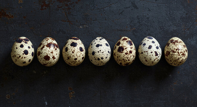 Row of quail eggs with speckled shells on dark background