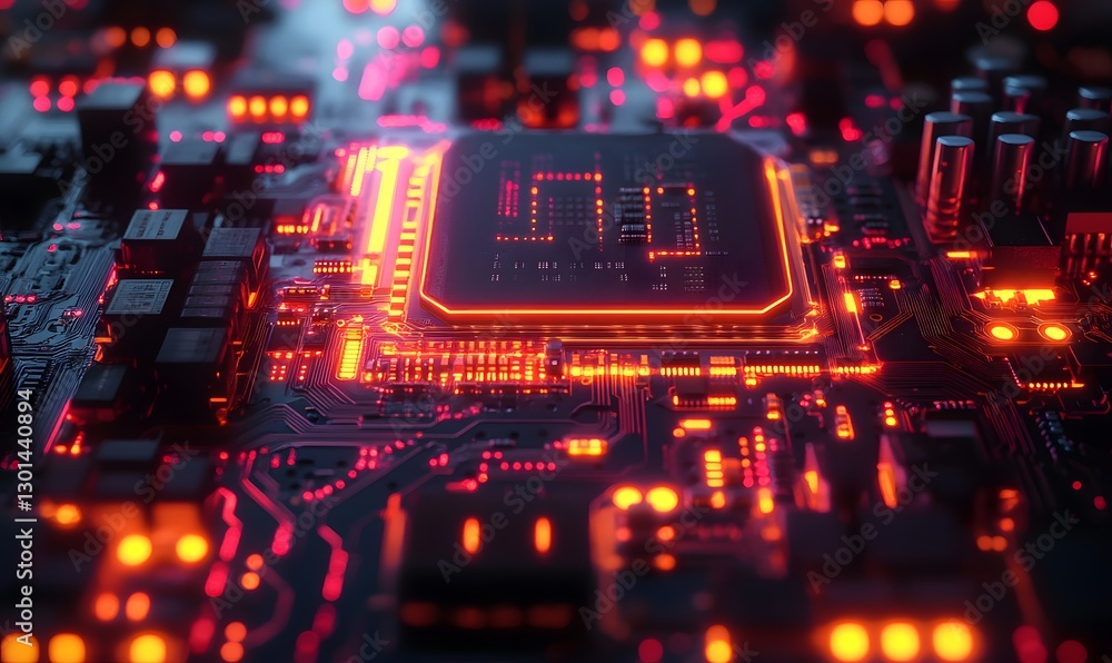 Poster abstract glowing circuit board with red and orange light patterns close up
