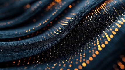 Abstract dark blue waves with glowing orange particles; digital art background