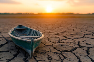 Obraz premium Boat stranded on cracked earth at sunset. A stark visual of drought and environmental change.