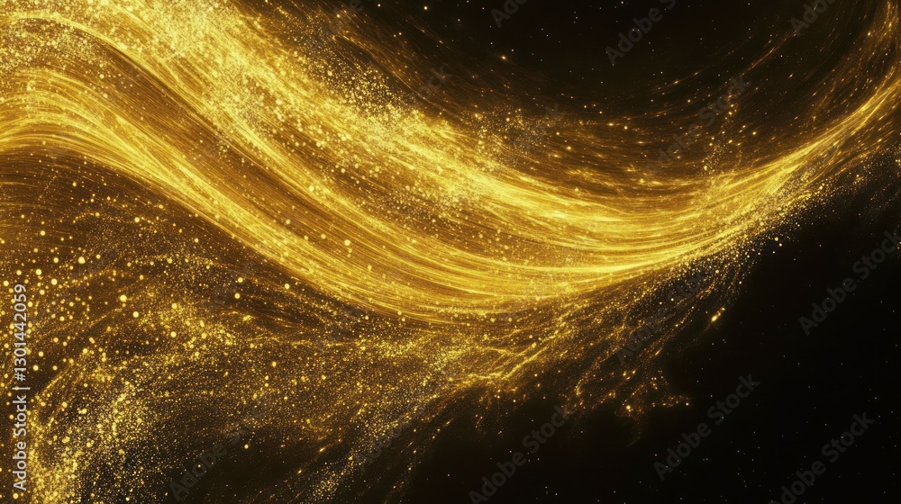 Poster golden fluid streams with sparkling particles against dark background