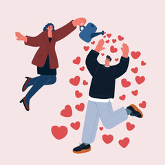 Cartoon vector illustration of a woman showering a man with love, pouring affection from a watering can