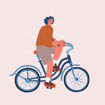 Cartoon vector illustration of a woman riding a bicycle, enjoying a sunny day