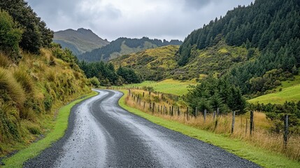 Fototapeta premium Winding gravel road through mountainous landscape under overcast sky