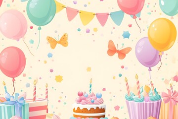 birthday cake party celebration vector illustration gift food sweet balloon happy candle cupcake decoration candles design card holiday balloons cartoon dessert fun celebrate chocolate birthday cake