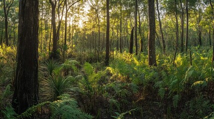 Obraz premium The forest is illuminated by soft sunlight through the trees
